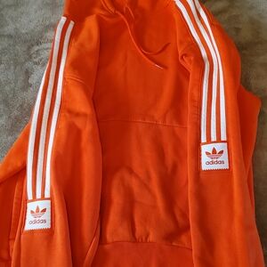 Adidas Orange Hoodie with White Stripes